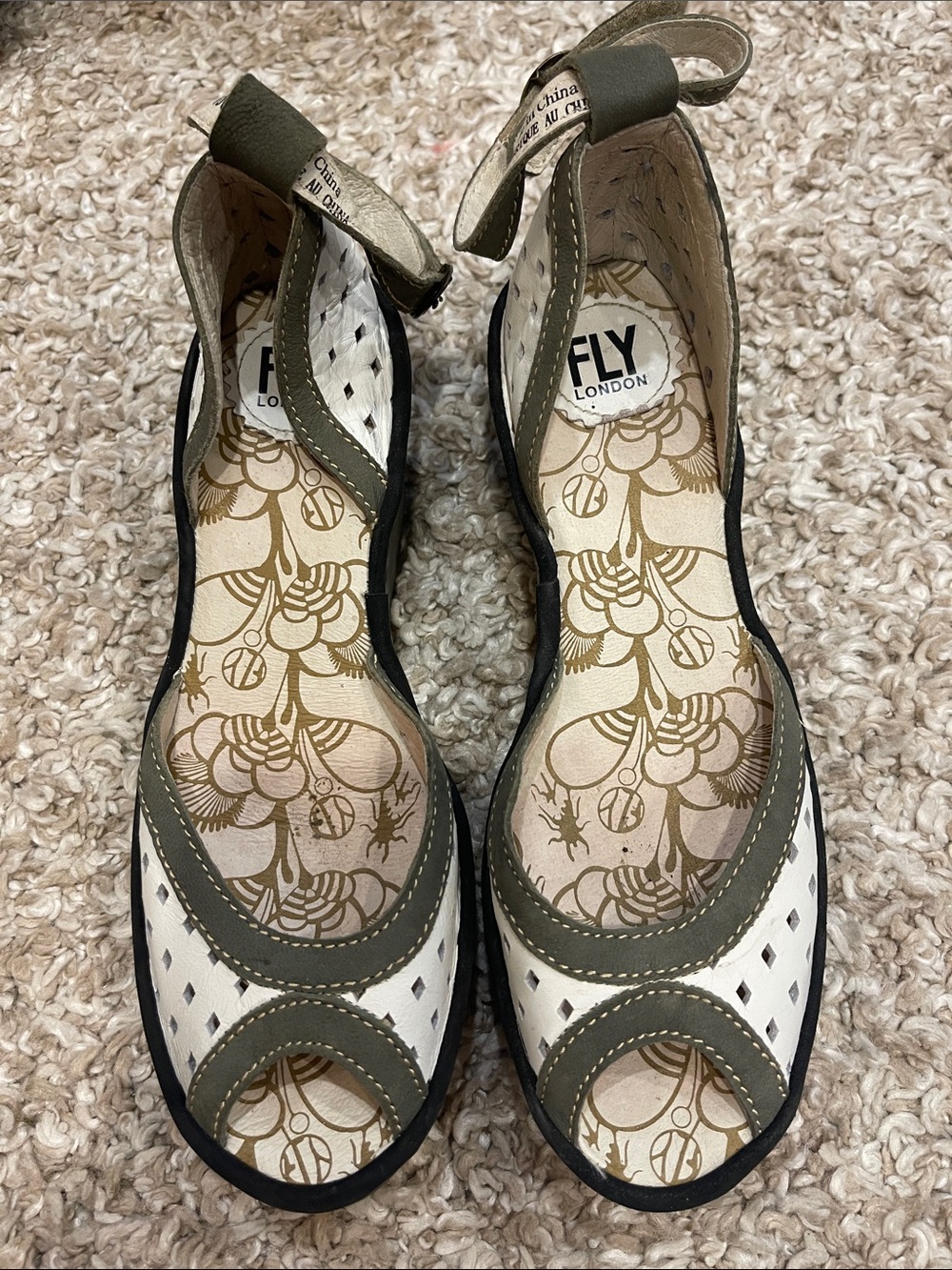 Fly London Olive and White Peep-Toe Ankle-Strap Flats